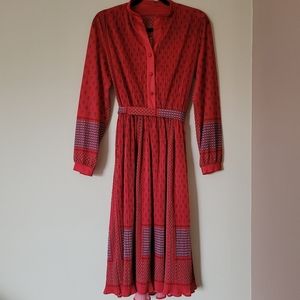 Vintage 70s boho red floral pleated midi dress